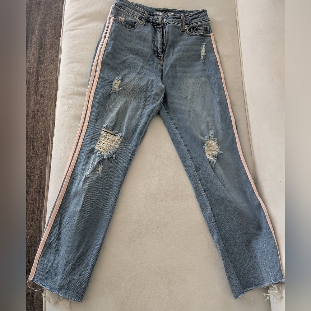 Distressed Blue Jeans with Pink Stripes